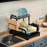 2 tier dish drying rack with drainboard and utensil holder in black
