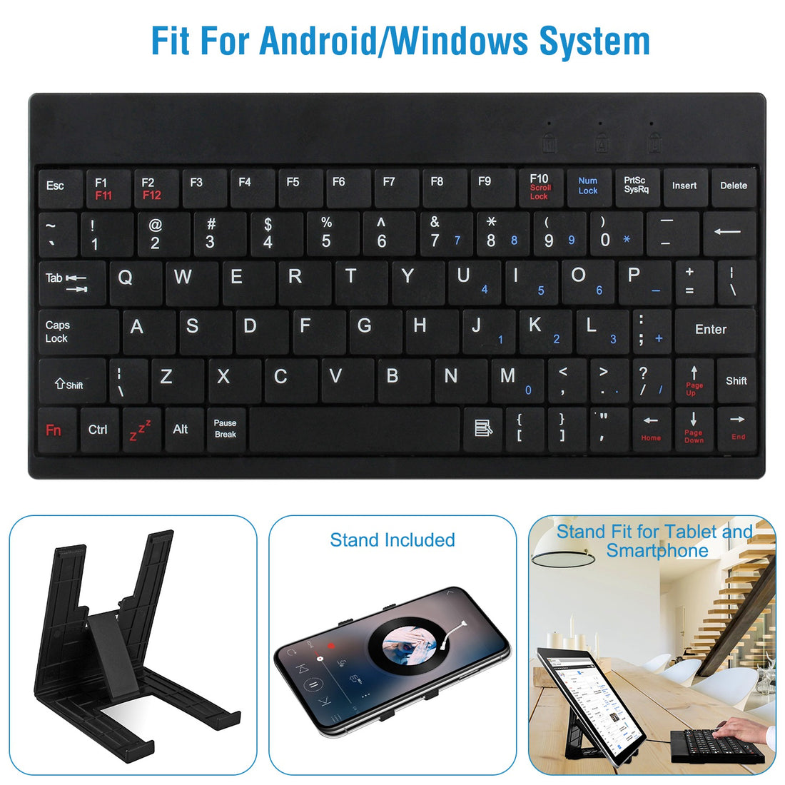 Black 80-key mini keyboard with stand and usage photos