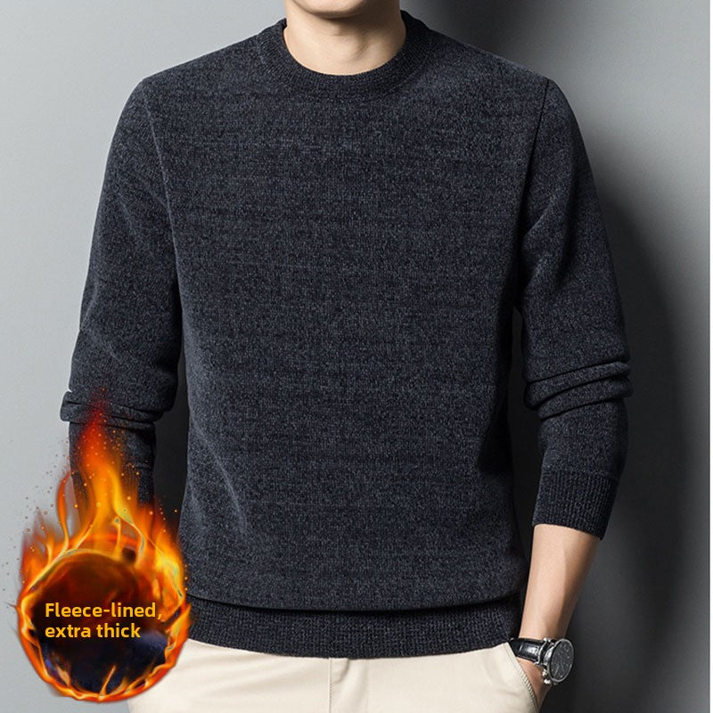 Mens Fleece Lined Chenille Pullover Round Neck Long Sleeve Winter Warm Sweater