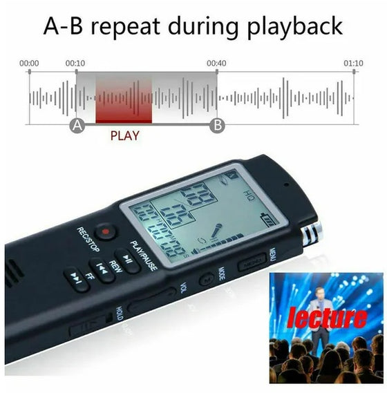 Digital voice recorder showing A-B repeat playback on the LCD