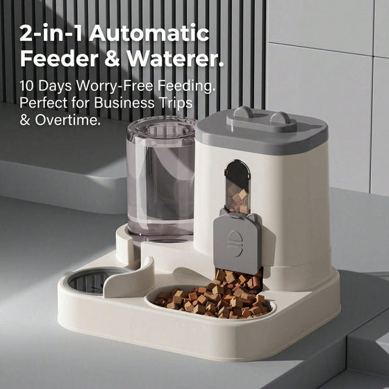 Gravity pet feeder and water dispenser station with gray lid and kibble