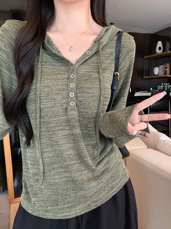Women's Button-Down Knit Hoodie Long Sleeve Henley T-Shirt