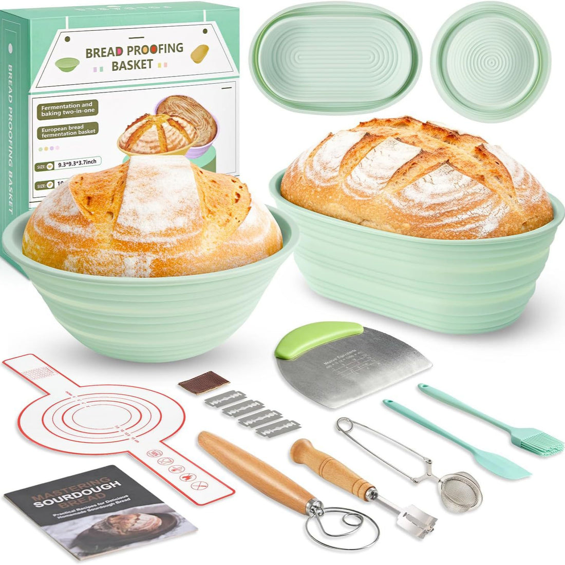 Silicone Bread Fermentation Basket Set, Household Baking Tools Including Scraper, Brush, Dough Beater, Fermentation Jar, Mold