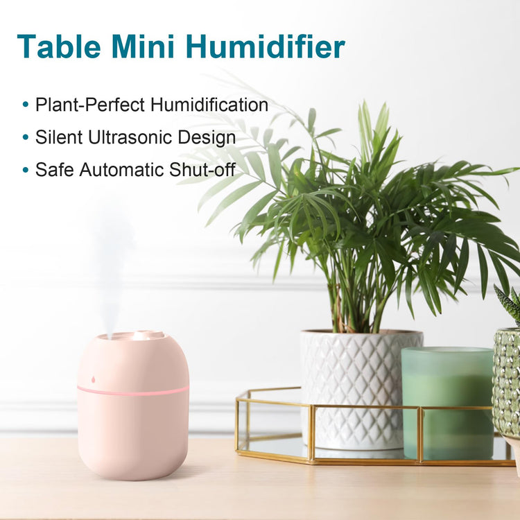 Mini humidifier emitting cool mist beside a laptop