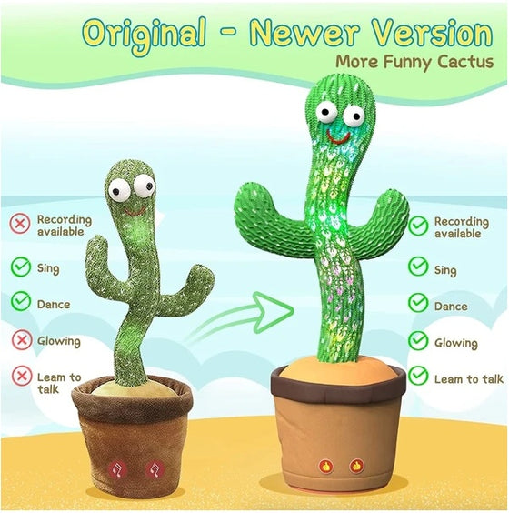 Dancing cactus in a brown pot with recording, sing, dance and glow callouts
