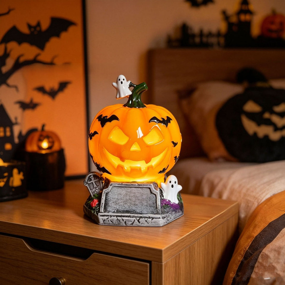 Halloween Glowing Pumpkin Ghost Bat Resin Table Lamp