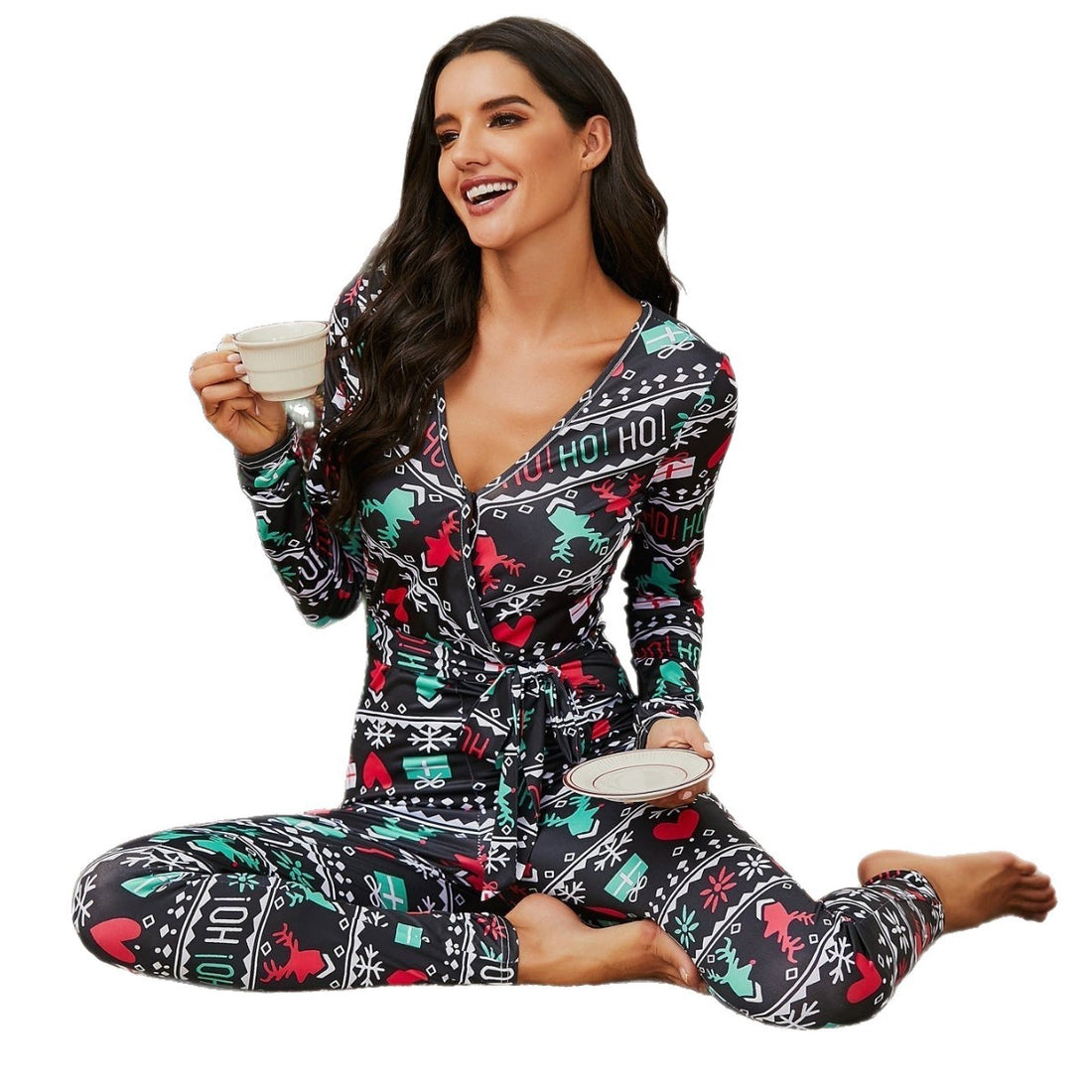 Women's Christmas Print Long Sleeve Pajama Set V-Neck Loungewear