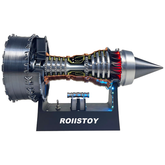 Side view of a cutaway turbofan jet engine model with a nose cone