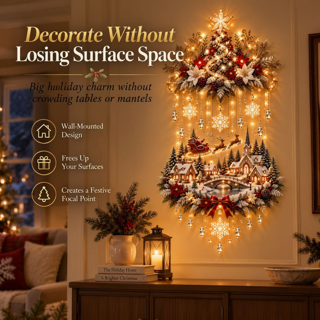 LED Lighted Christmas Tree Wall Hanging Decoration with Wreath Door Ornament