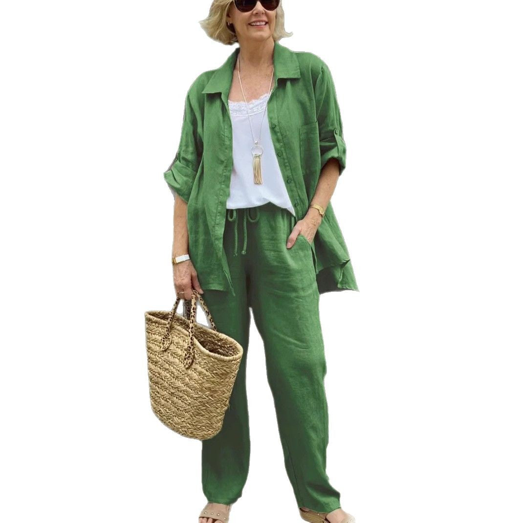 Women's Linen Blend Long Sleeve Shirt Trousers Suit