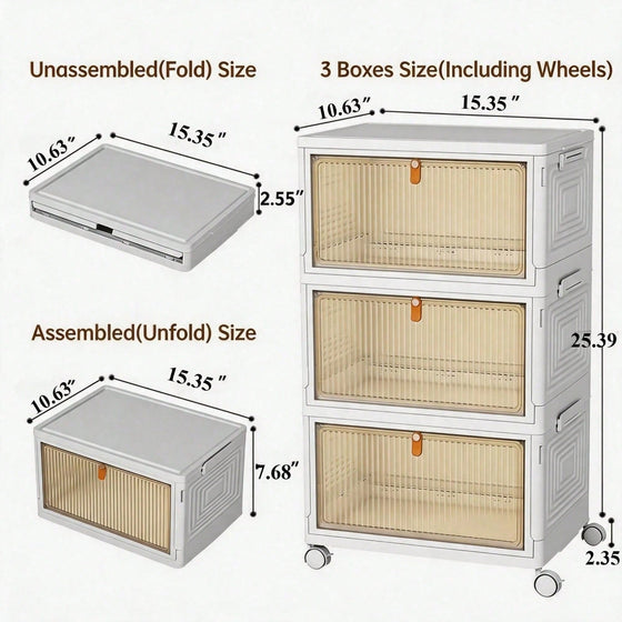 Foldable storage bin sizes folded, unfolded and as a 3-bin rolling stack