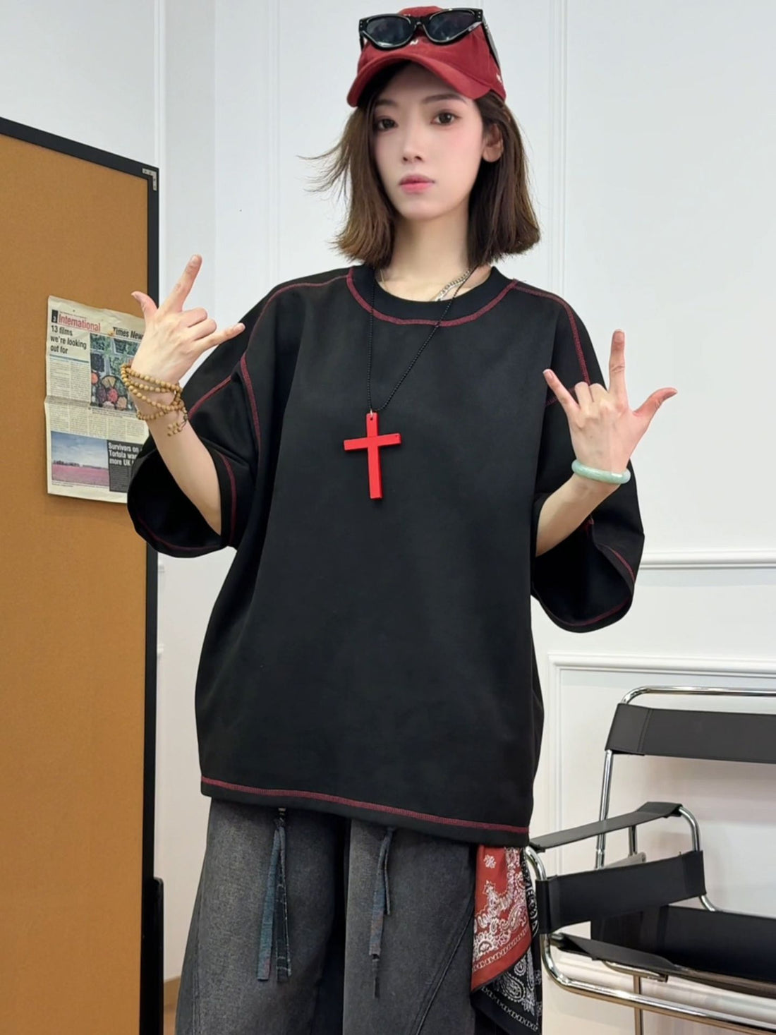 Letter-stitched design short sleeve shirt