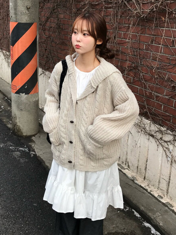 Women's Gray Hooded Button Knit Sweater Jacket