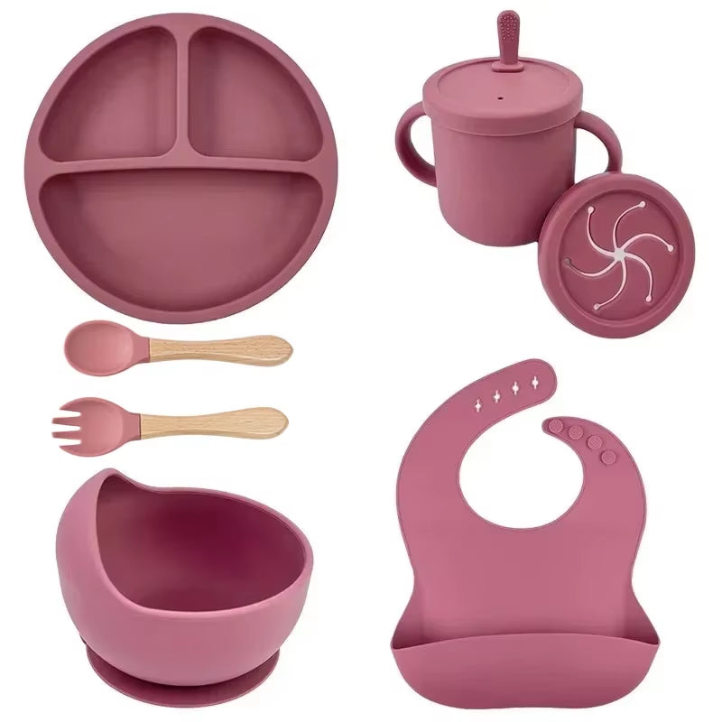 Food Grade Silicone Child Dish Set Baby Feeding Bowl Suction Plate Straw Cup Wooden Spoon Fork for Kids Tableware Toddler Dishes