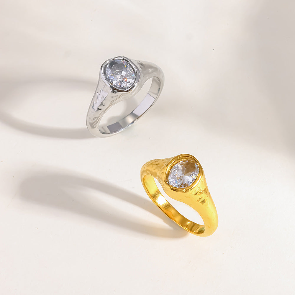 18K Gold Plated Stainless Steel Ring with Zircon Minimalist Hammered Design