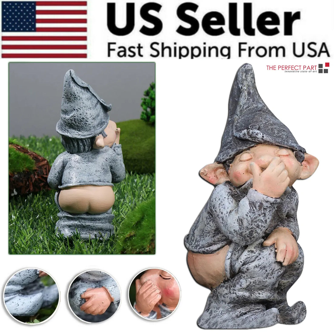 Naughty pooping garden gnome statue squatting in a grey robe, US seller banner
