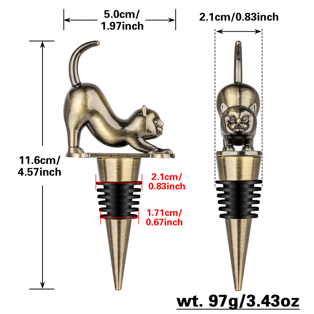 Bronze cat wine stopper dimensions 11.6 cm tall, 5 cm wide, 97 g