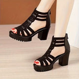 Women Chunky Heel Hollow Out Roman Sandals