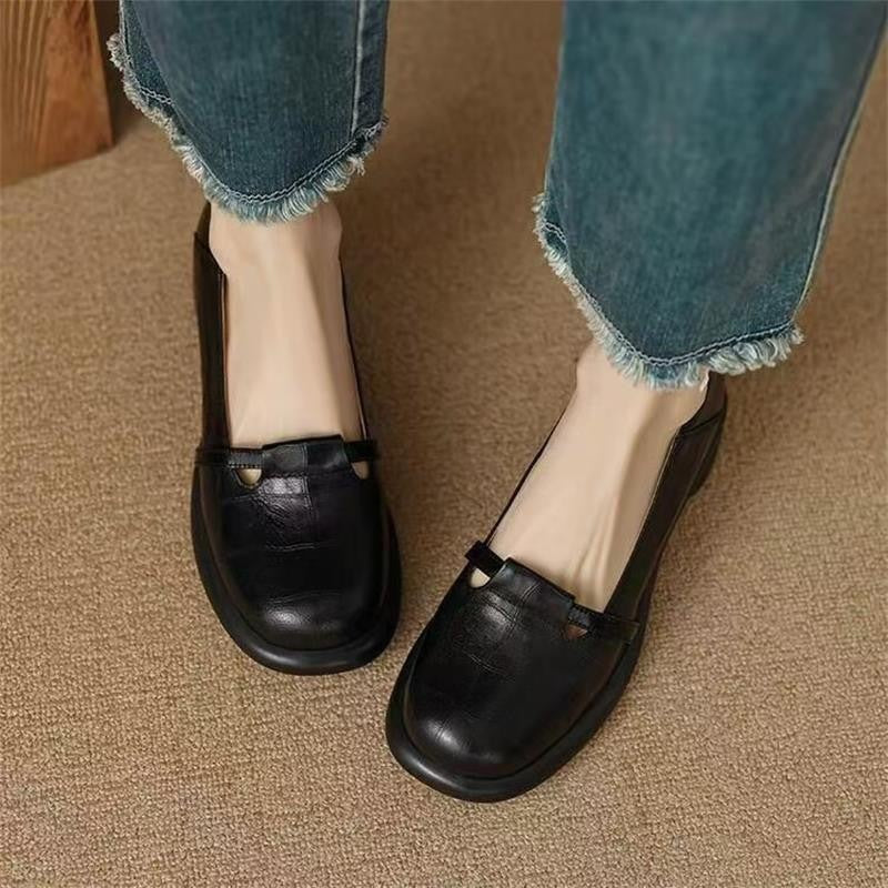Womens Soft Leather Round Toe Thick Heel Loafers