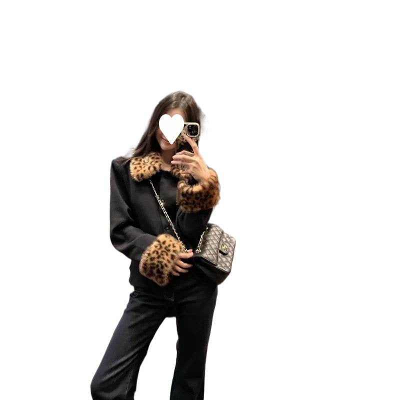 Women's black short coat with leopard print accent and faux fur collar, photo 8
