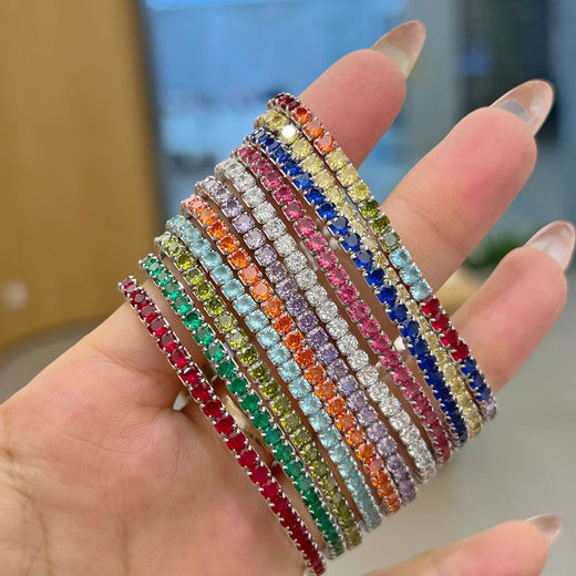 Zircon tennis bracelet on wrist, lifestyle view