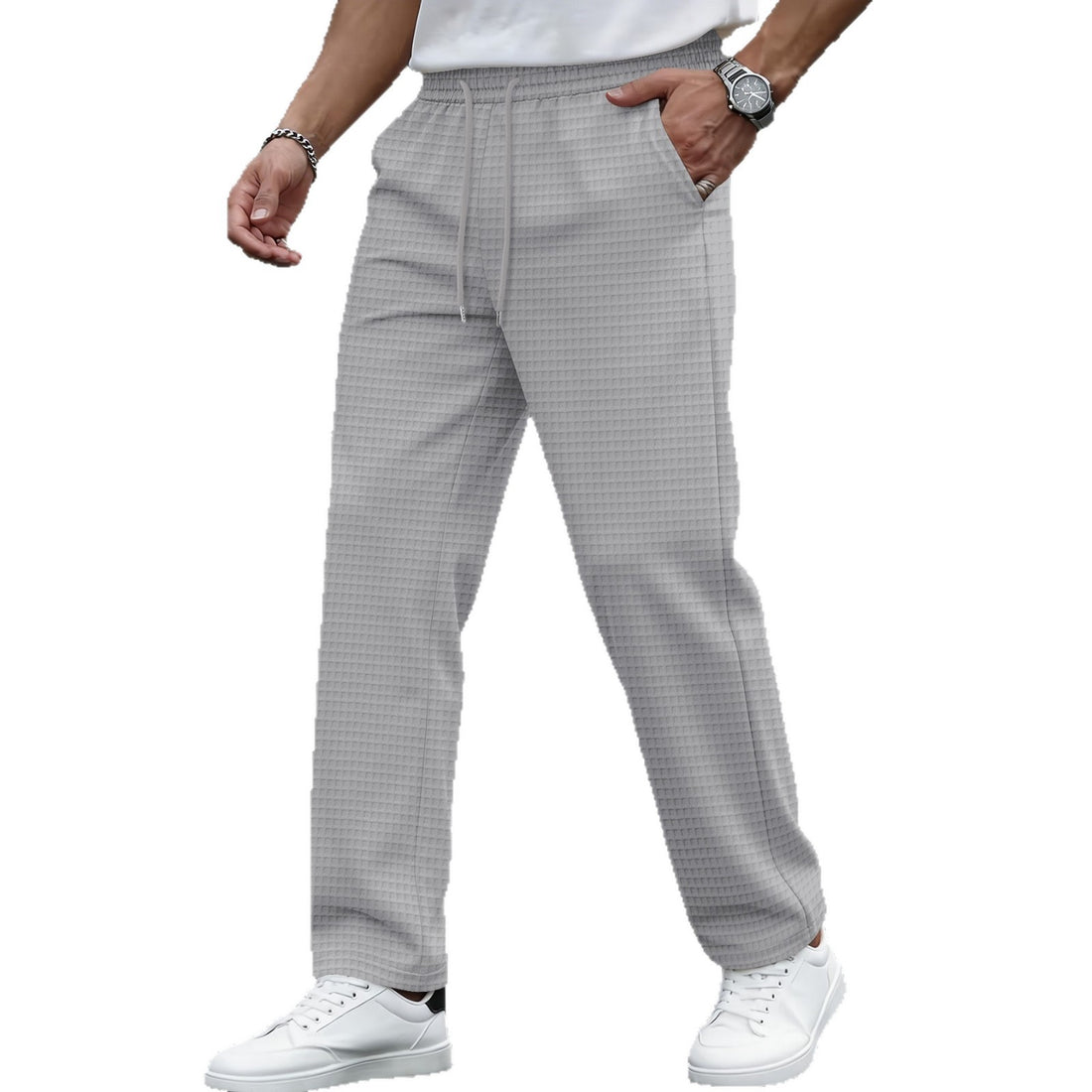 men's new large checkered drawstring casual pants, lightweight, breathable, comfortable straight-leg pocket trousers