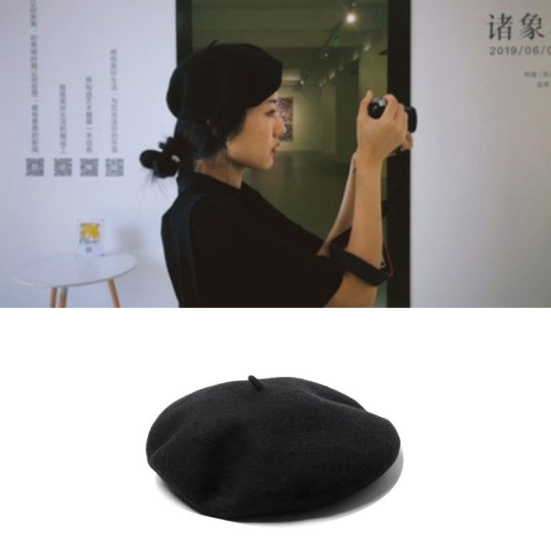 Retro Solid Color Wool Beret Hat for Women, Autumn Winter Adjustable Painter Cap