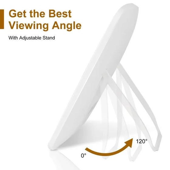Side view of the lighted makeup mirror stand tilting from 0 to 120 degrees
