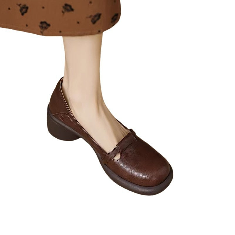 Womens Soft Leather Round Toe Thick Heel Loafers