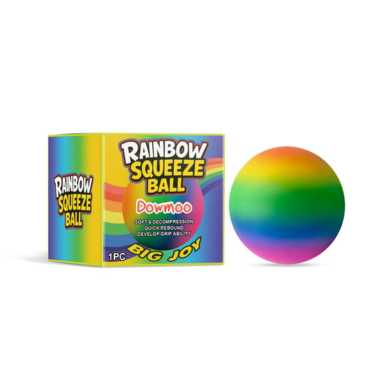 Rainbow squeeze stress ball beside its rainbow retail box
