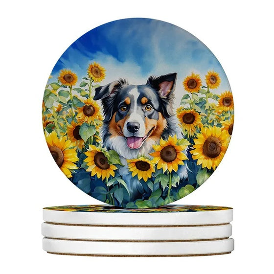 Sandstone coasters set of 4 with Australian shepherd and sunflowers watercolor, Style3