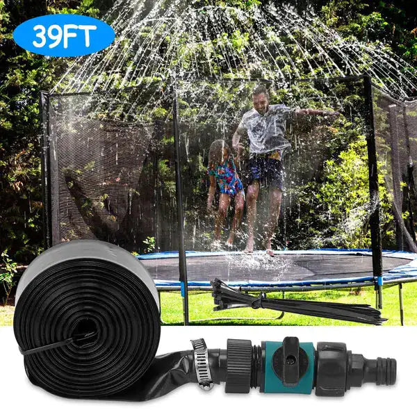 Kids playing with trampoline sprinkler