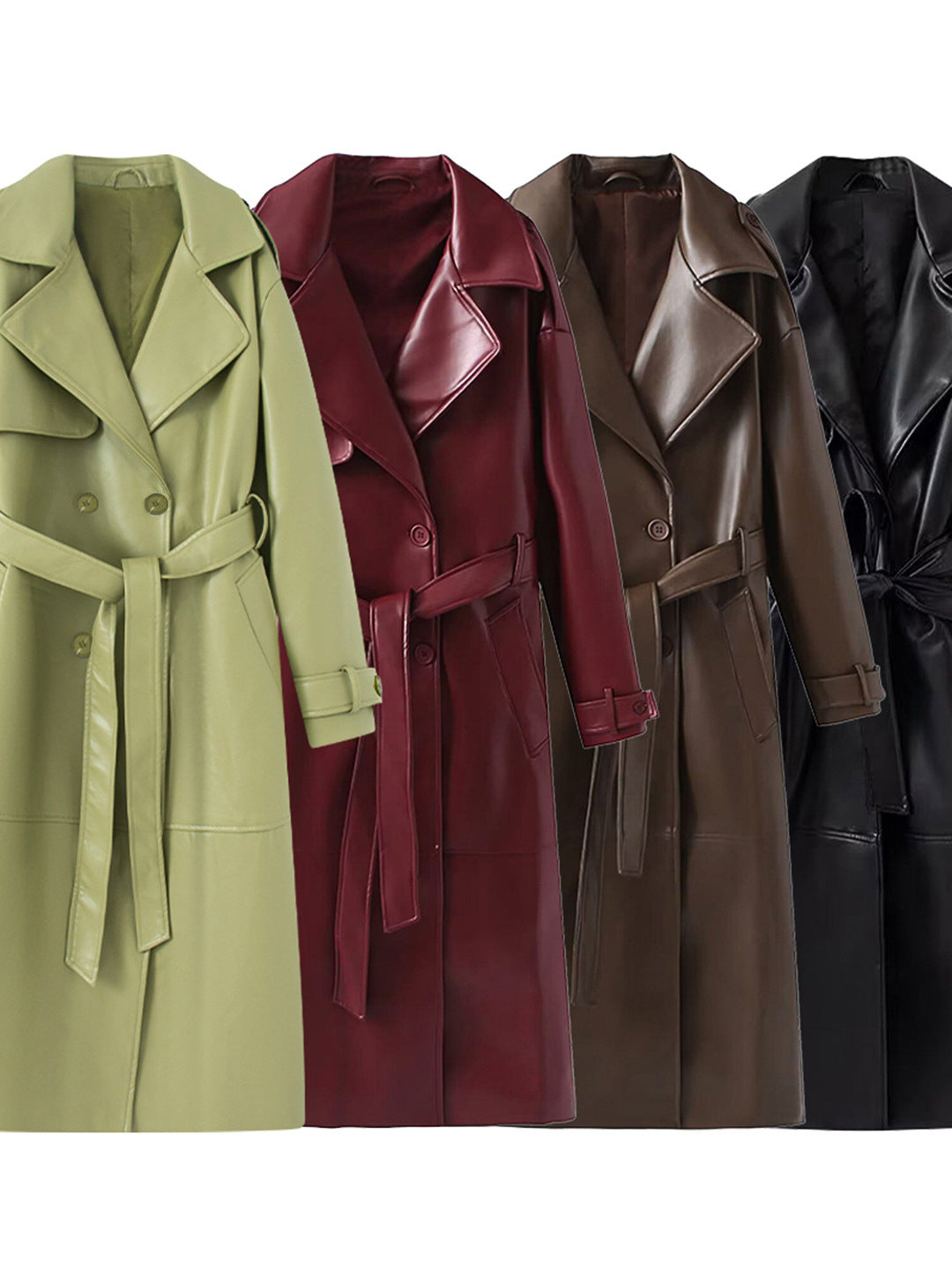 Women's long PU leather trench coat with belt and lapel collar, photo 4