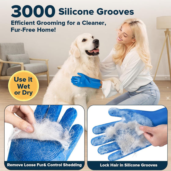 Woman brushing a dog with a grooming glove, with fur lifted from the coat