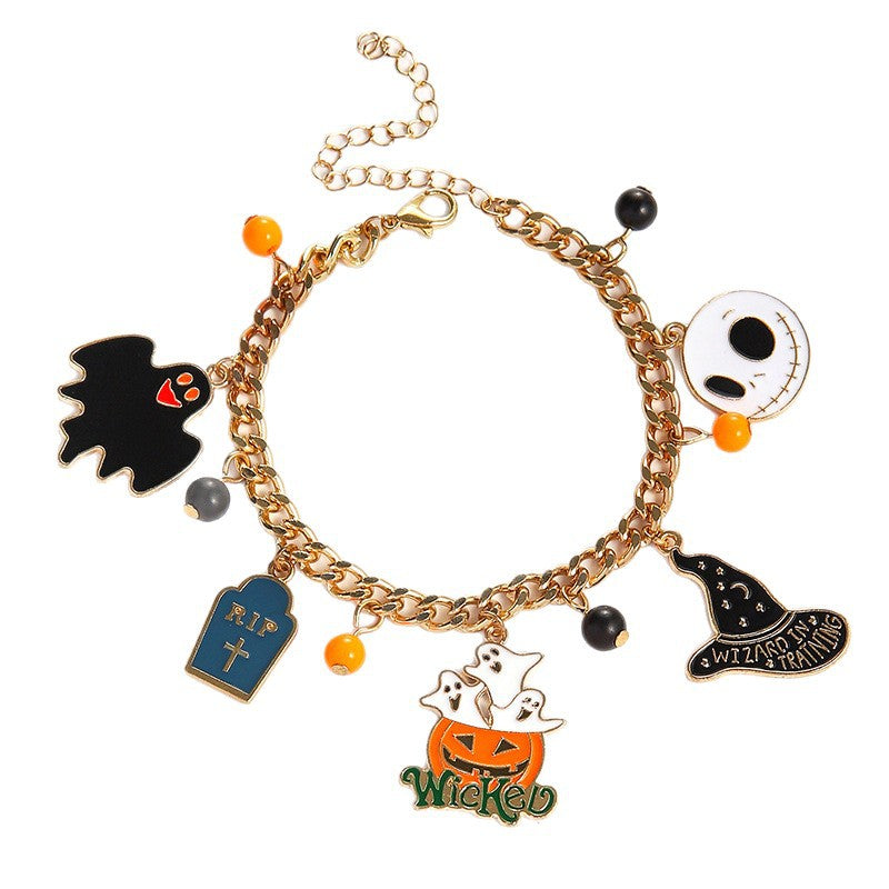 Halloween themed bracelet with pumpkin head, ghost wizard hat, festive ornaments