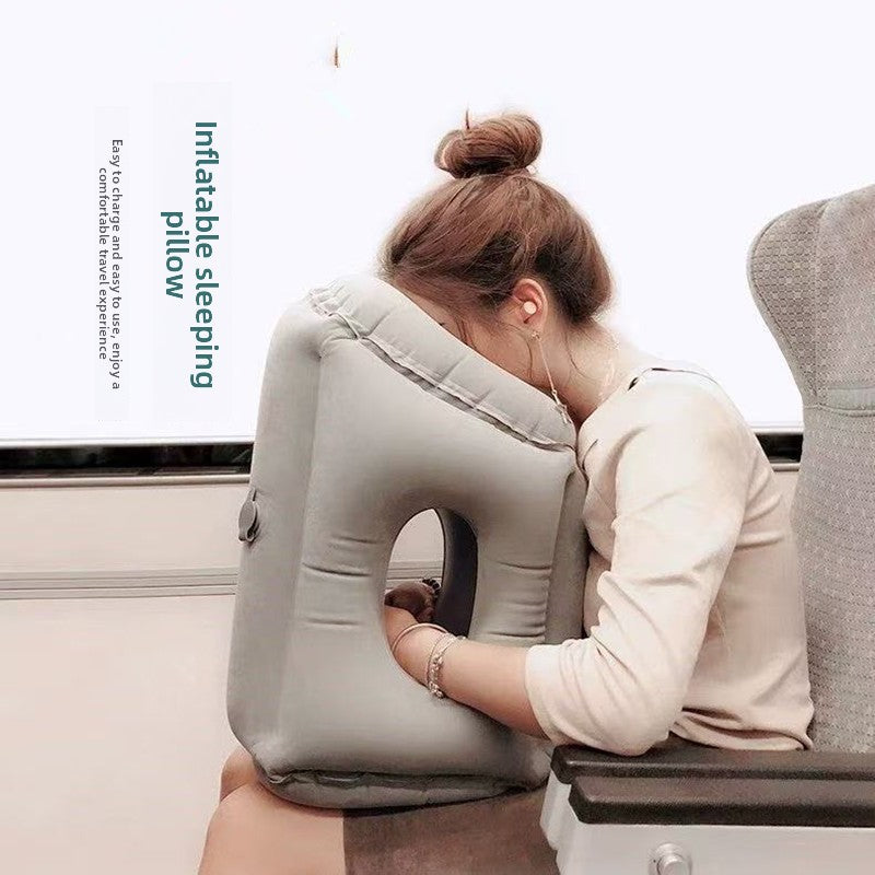 Inflatable Flocking Nap Pillow Hands-Free Travel Office Lying Down Rest Cushion
