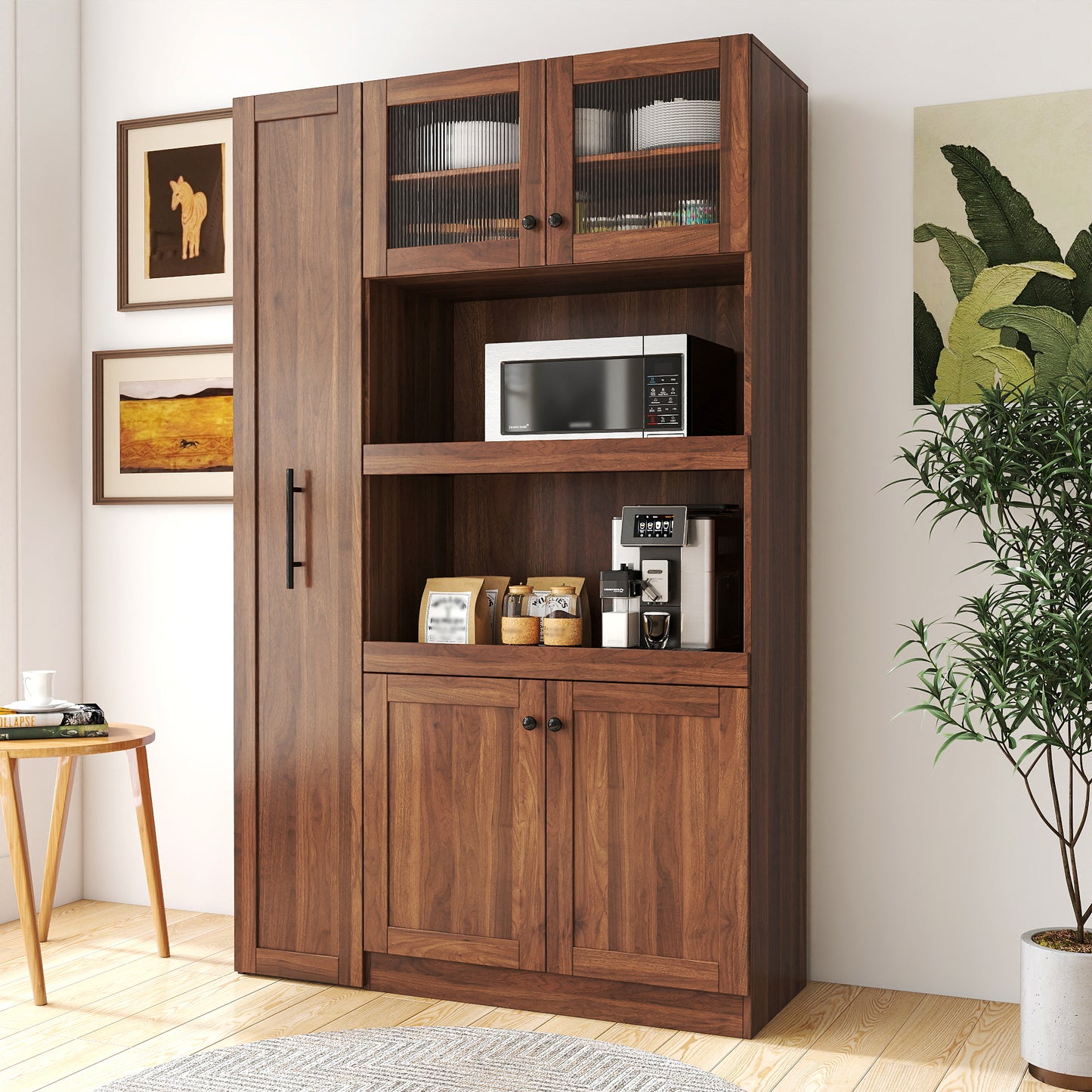Walnut farmhouse kitchen pantry cabinet with 4 doors, front view