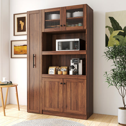 Walnut farmhouse kitchen pantry cabinet with 4 doors, front view