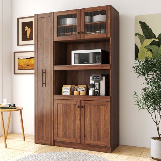 Walnut farmhouse kitchen pantry cabinet with 4 doors, front view
