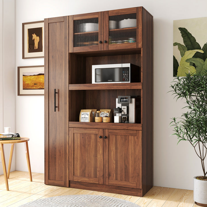 Walnut farmhouse kitchen pantry cabinet with 4 doors, front view