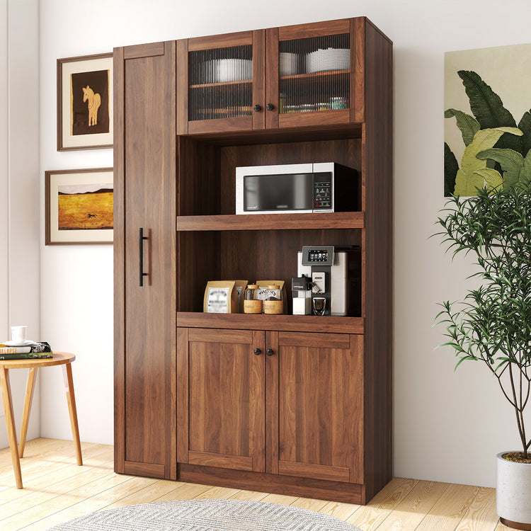 Walnut farmhouse kitchen pantry cabinet with 4 doors, front view