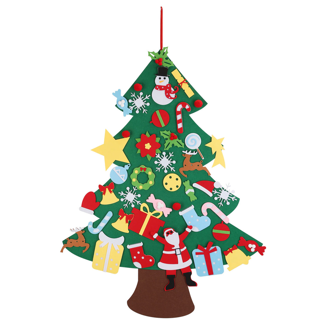 Fully decorated felt Christmas tree with star, Santa and snowman ornaments