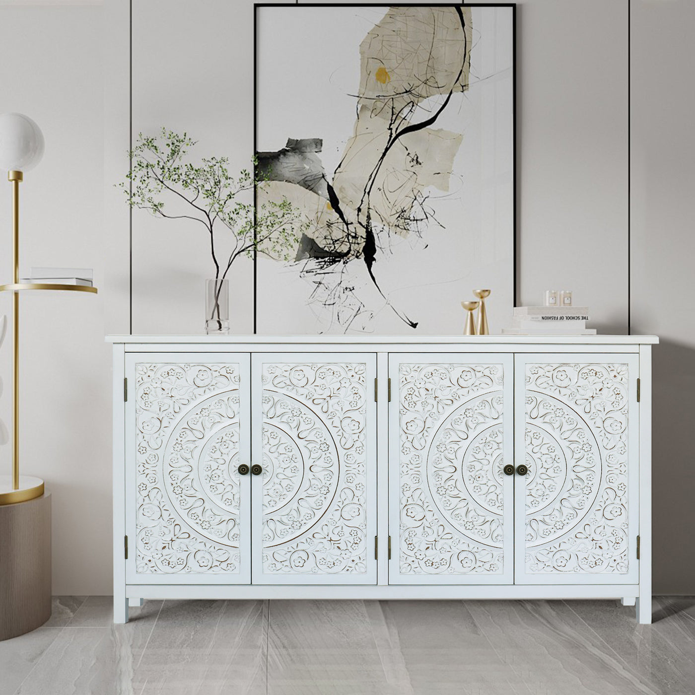 60 Inch White Accent Cabinet Rustic Wood Sideboard