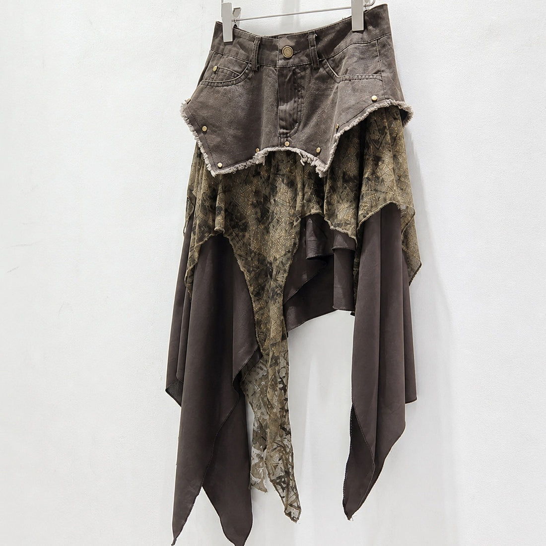 Women's American Retro Wasteland Style Irregular Hem Ribbon Decorated Denim Pleated Skirt