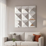 3D beveled wall mirror shown in a living room