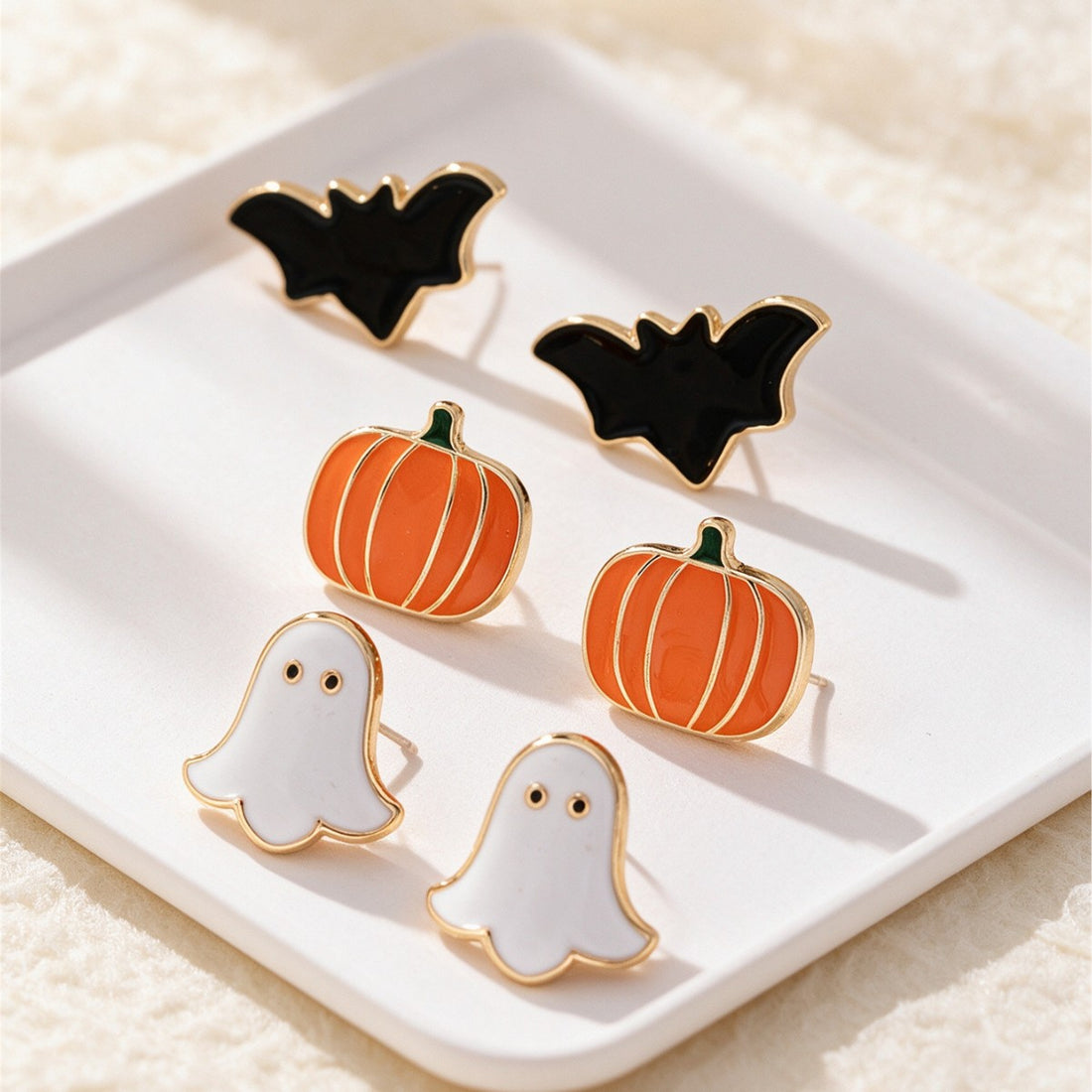Halloween cute fun pumpkin ghost bat oil earrings three-piece set