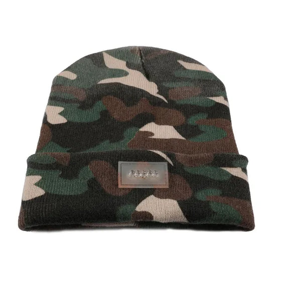 Camouflage LED beanie front view showing the LED panel