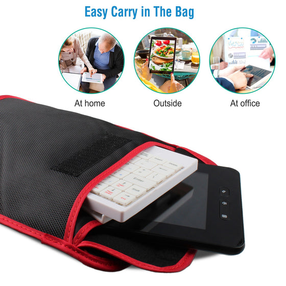 Mini keyboard and tablet inside the carry bag, with usage photos