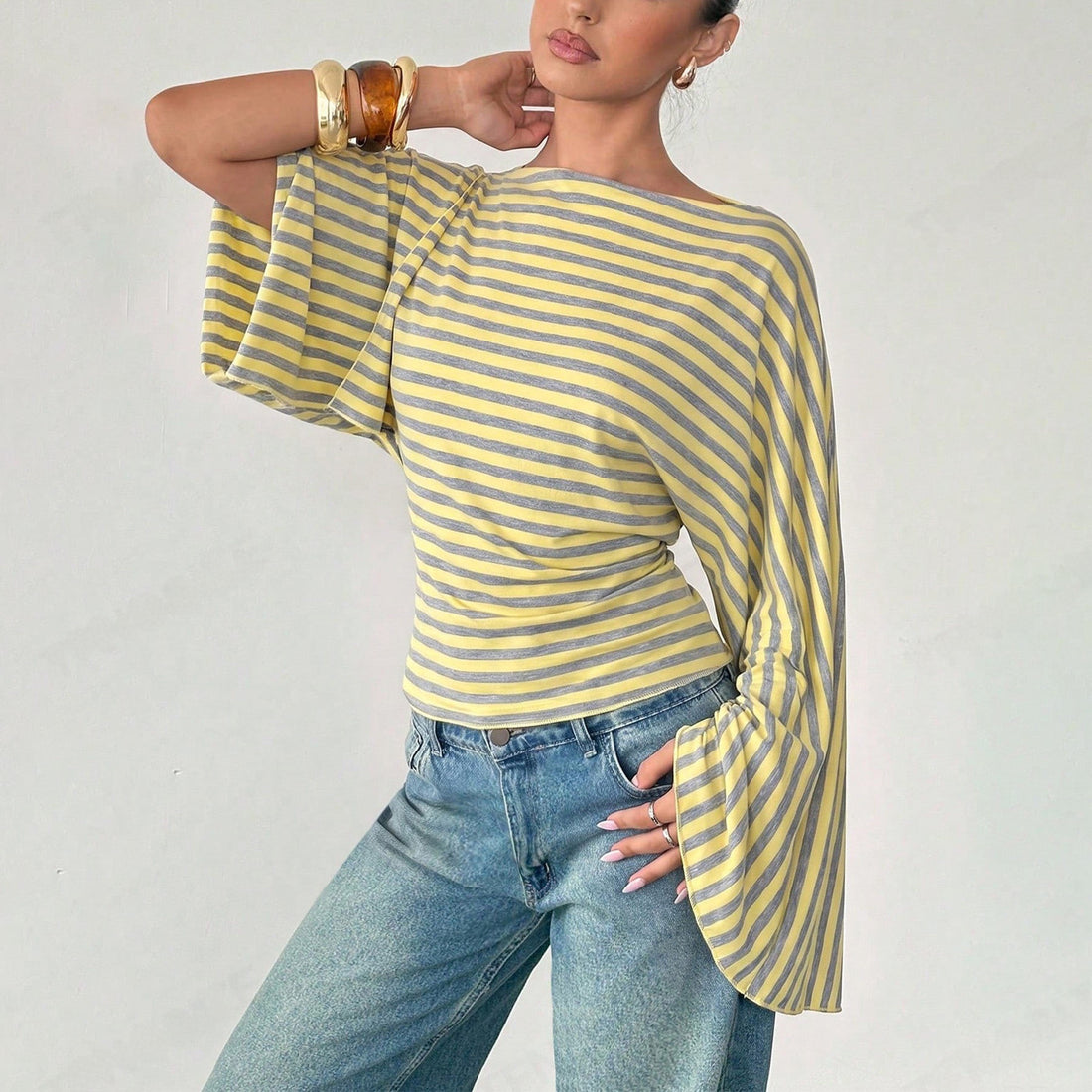 Women's striped rib knit long sleeve tee with wide neckline, photo 5