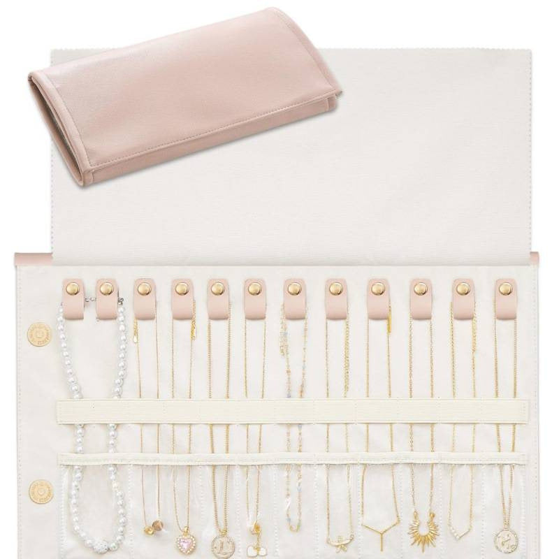 Foldable Leather Necklace Storage Organizer Roll-Up Travel Jewelry Bag